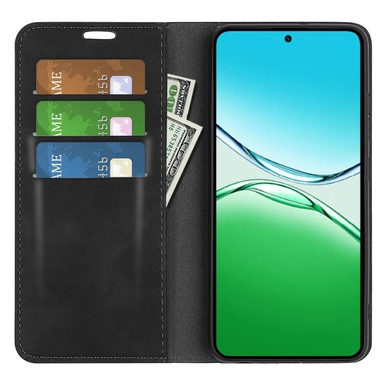 Un étui de téléphone noir, ouvert pour révéler un téléphone. Il a des fentes pour cartes, un écran et montre de l'argent.