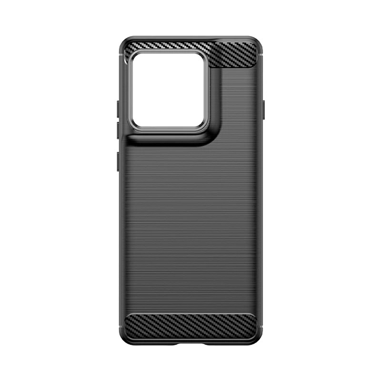 Une coque de téléphone noire avec un design texturé et une découpe pour l'appareil photo. Elle a une texture semblable à la fibre de carbone.