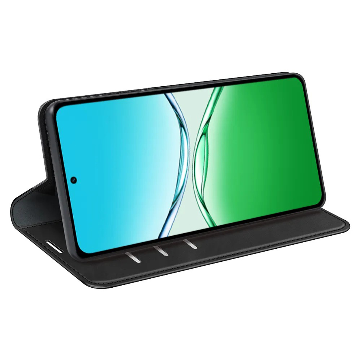 Étui portefeuille noir ouvert pour afficher l'écran du téléphone. L'écran du téléphone est bleu et vert.