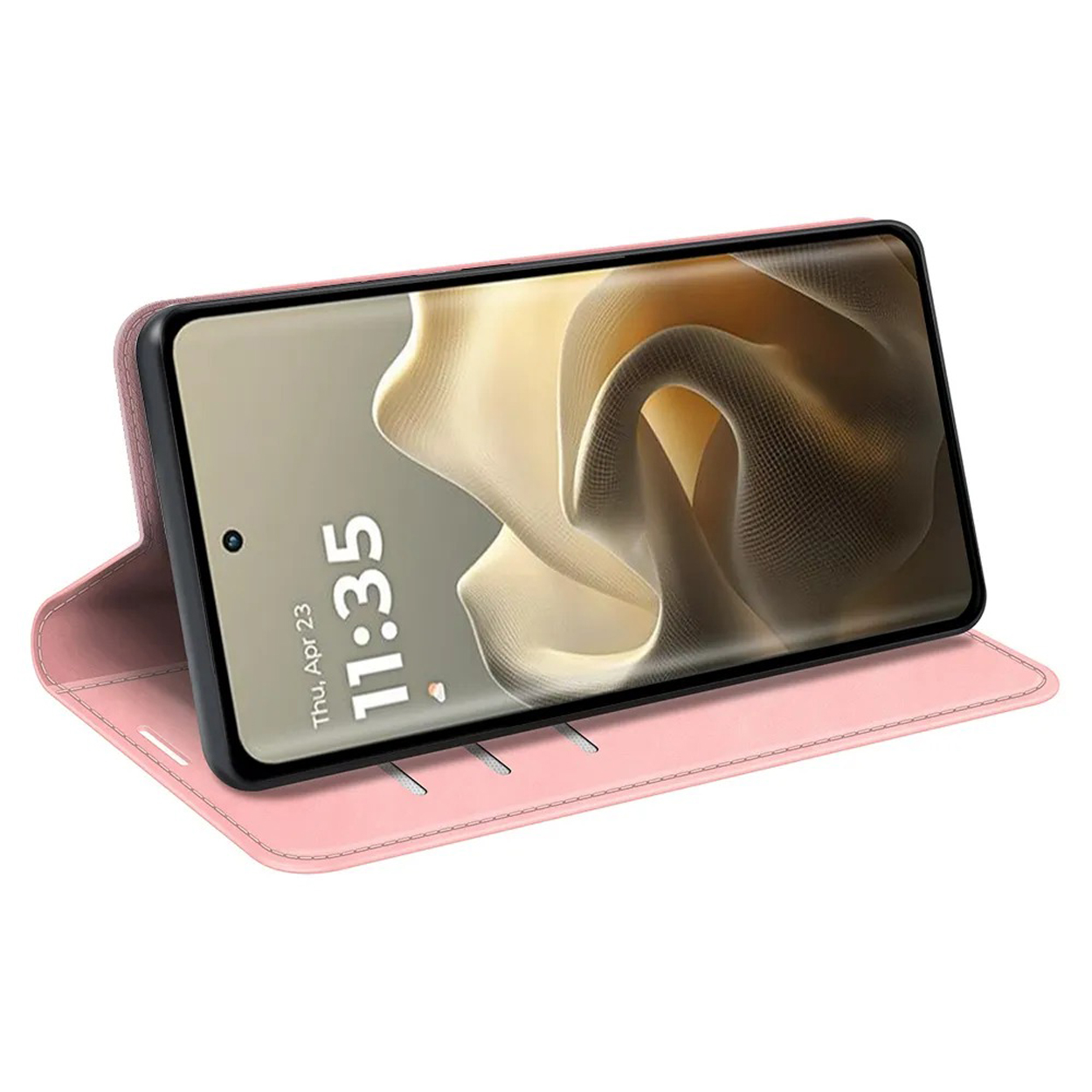 Roze telefoonhoesje met een telefoon die de tijd weergeeft. De hoes is open en toont het scherm.
