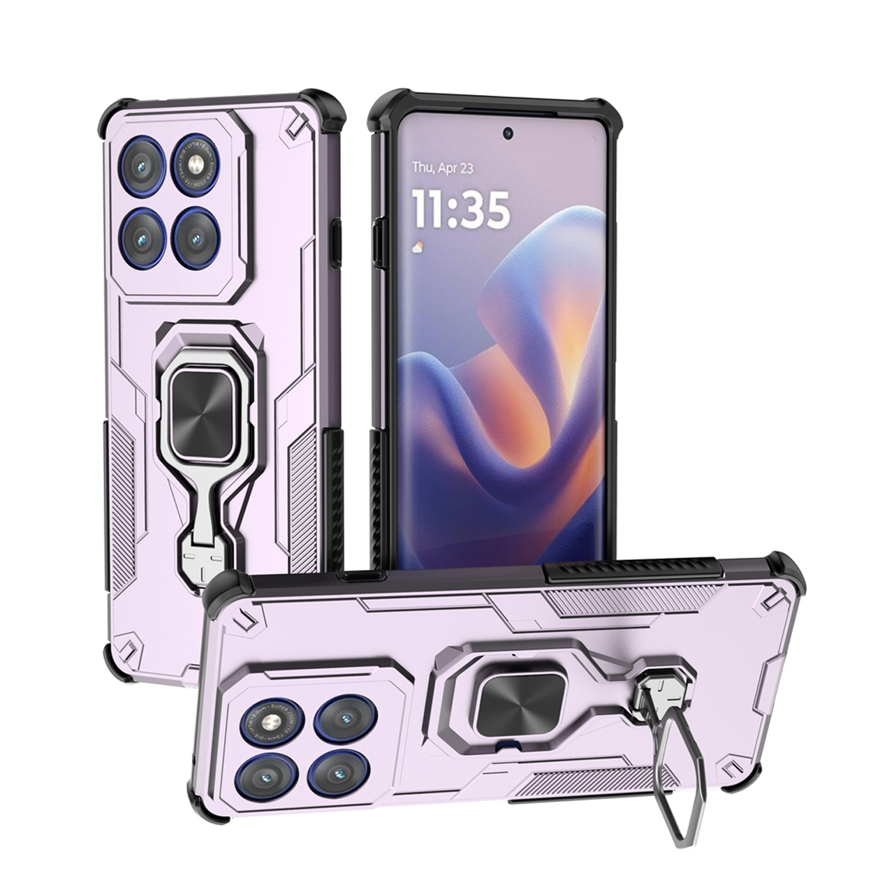 Drie telefoonhoesjes. Eén toont een telefoon. Allemaal lichtpaars met ringhouders en meerdere camera's.