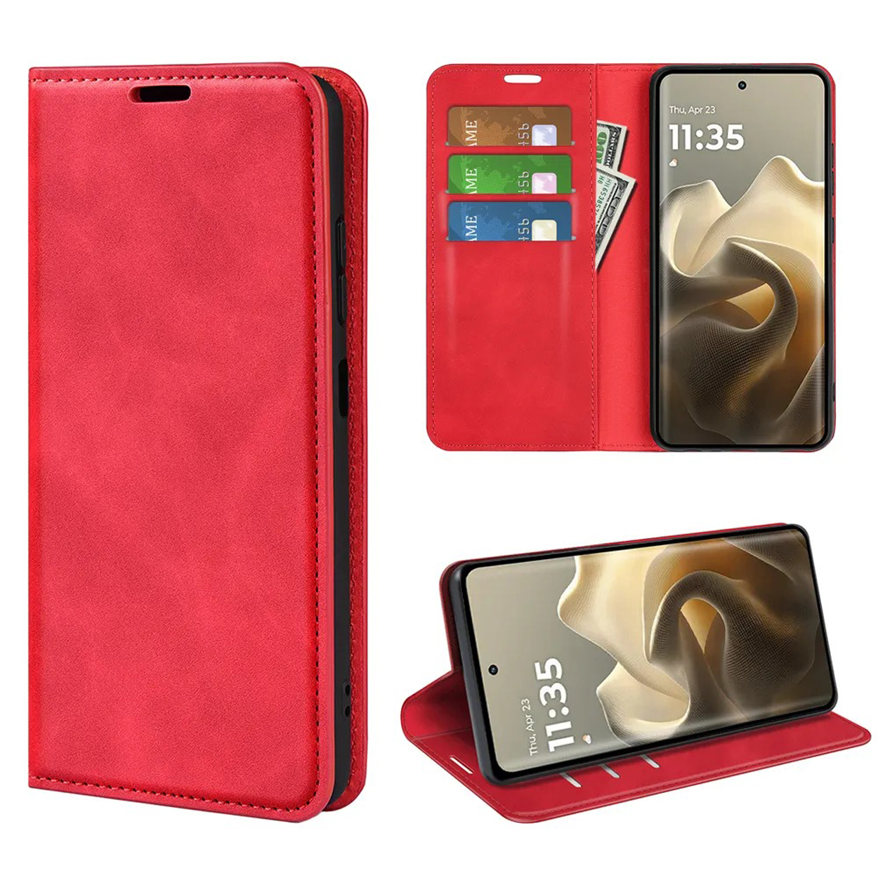 Een rode telefoonhoes met een telefoon erin. Er zijn kaartsleuven en een display met tijd en datum.