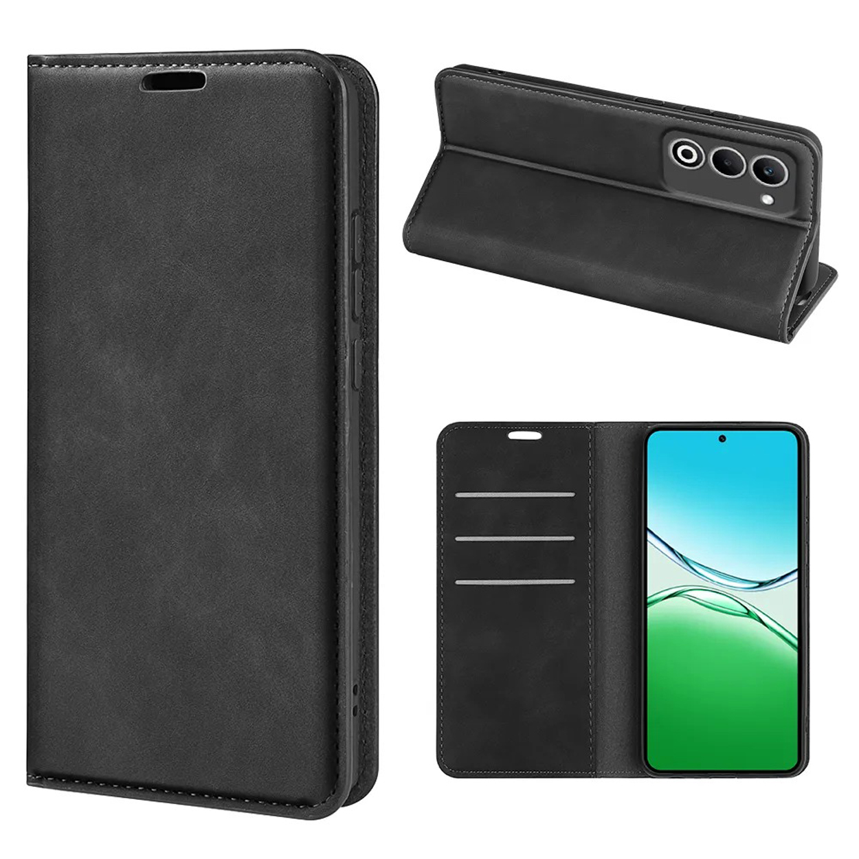 Plusieurs vues d'un étui de téléphone noir. Montre le téléphone dans l'étui et l'intérieur avec des fentes.
