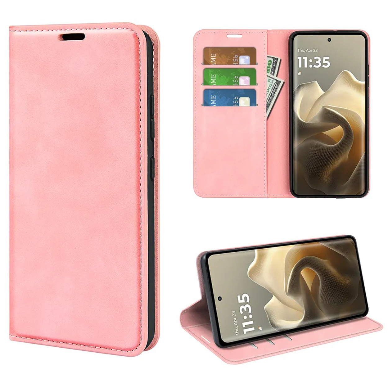 Meerdere weergaven van een roze telefoonhoesje. Toont de telefoon in de hoes en de binnenkant met kaartsleuven.