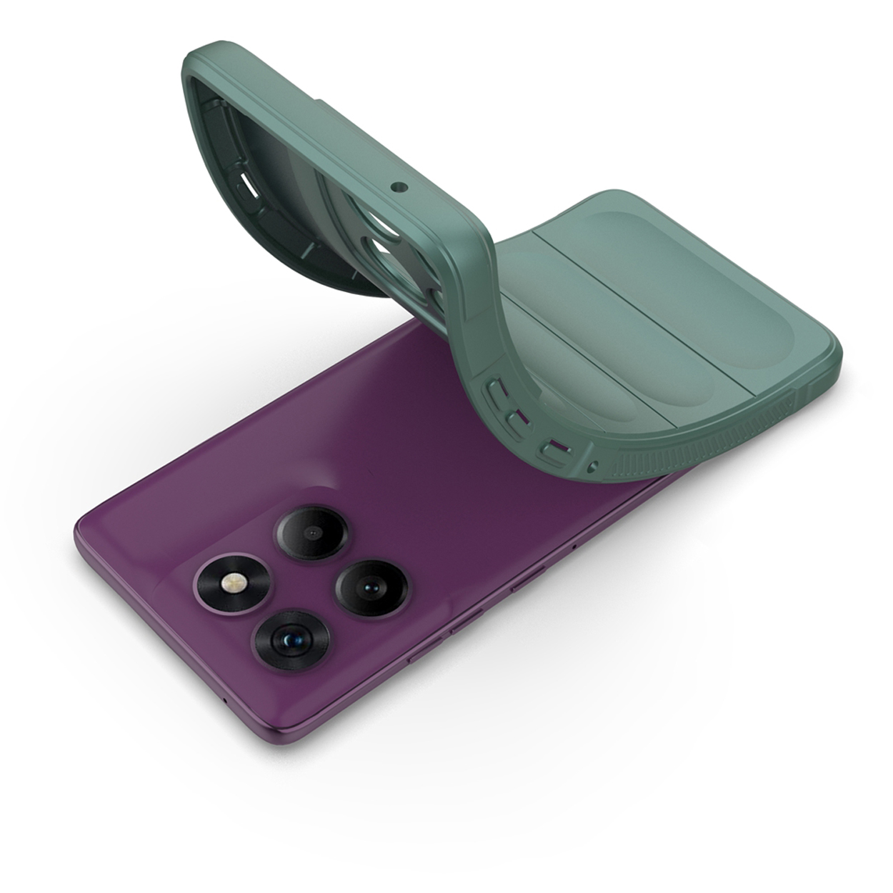 Un téléphone violet avec une coque verte le recouvrant partiellement. La coque est pliée.