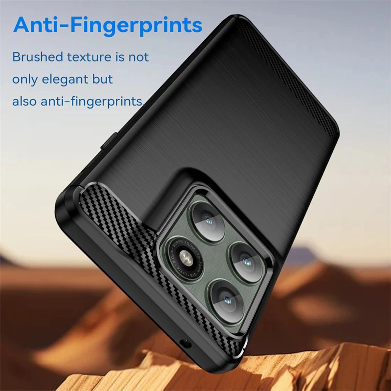 Coque de téléphone noire avec texture. Le texte dit 'Anti-Fingerprints'.
