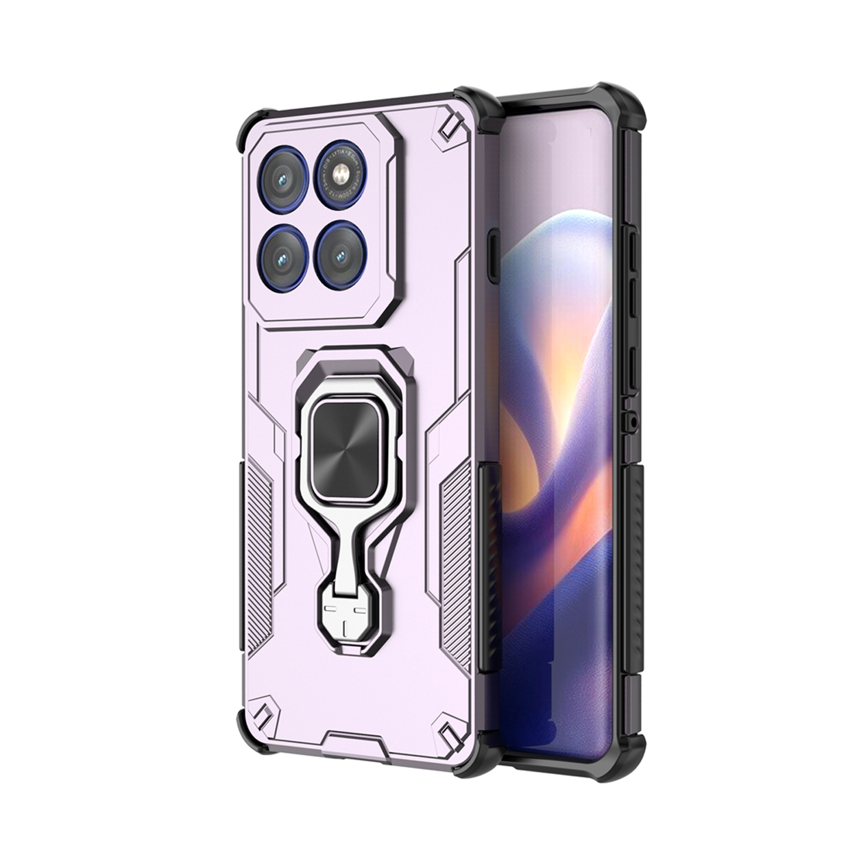 Een telefoonhoesje. Lichtpaars met ringhouder en meerdere camera's.