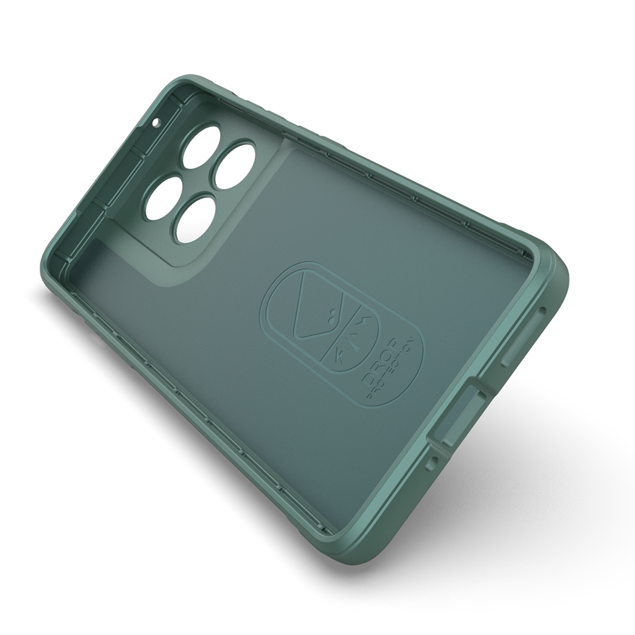 Une coque de téléphone sarcelle. Montre l'intérieur et la conception de protection contre les chutes.