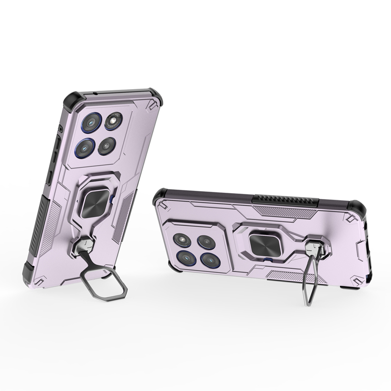 Twee telefoonhoesjes. Lichtpaars met ringhouders en meerdere camera's. Staand en liggend.