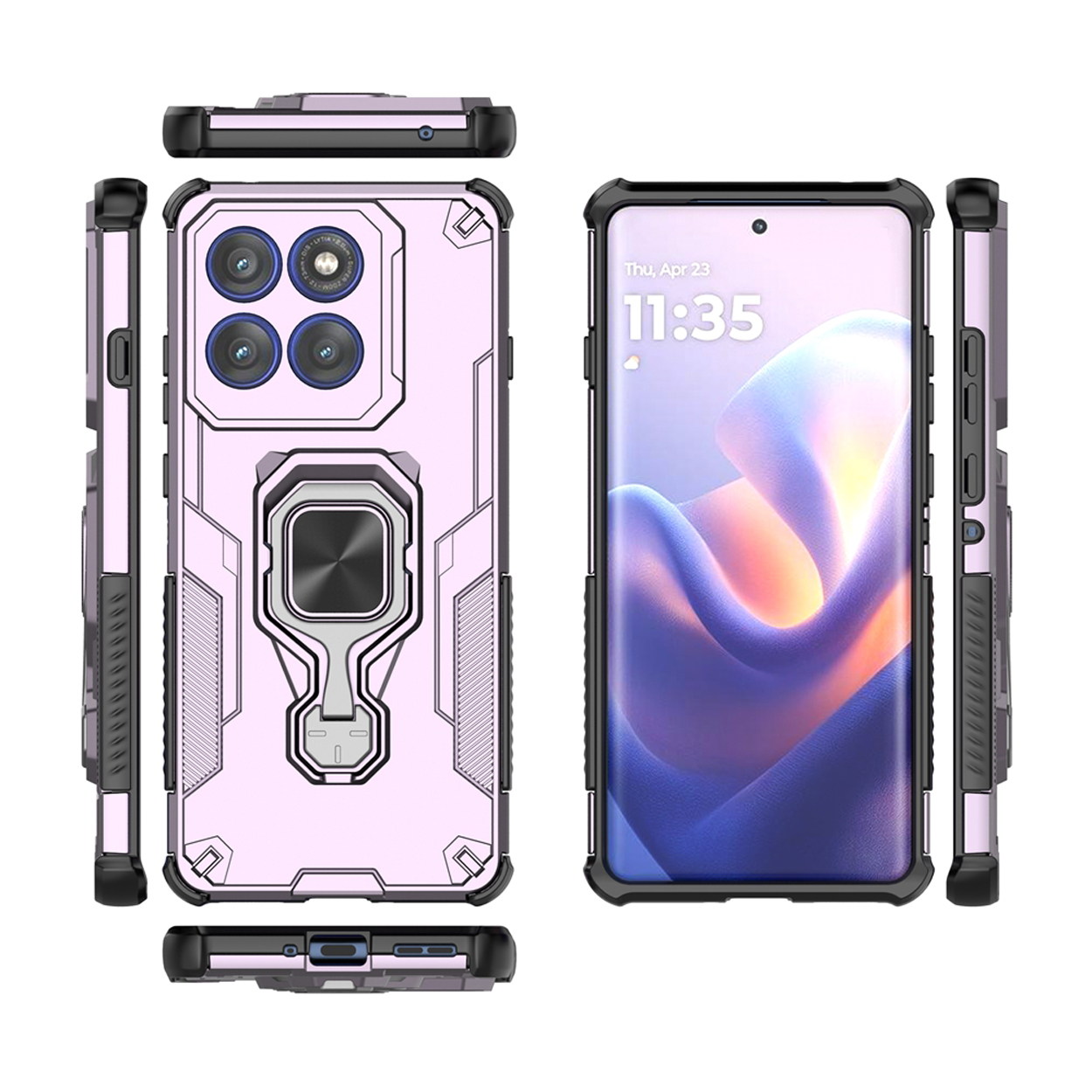 Een telefoonhoesje. Lichtpaars met ringhouder en meerdere camera's. Toont alle kanten van de telefoon.