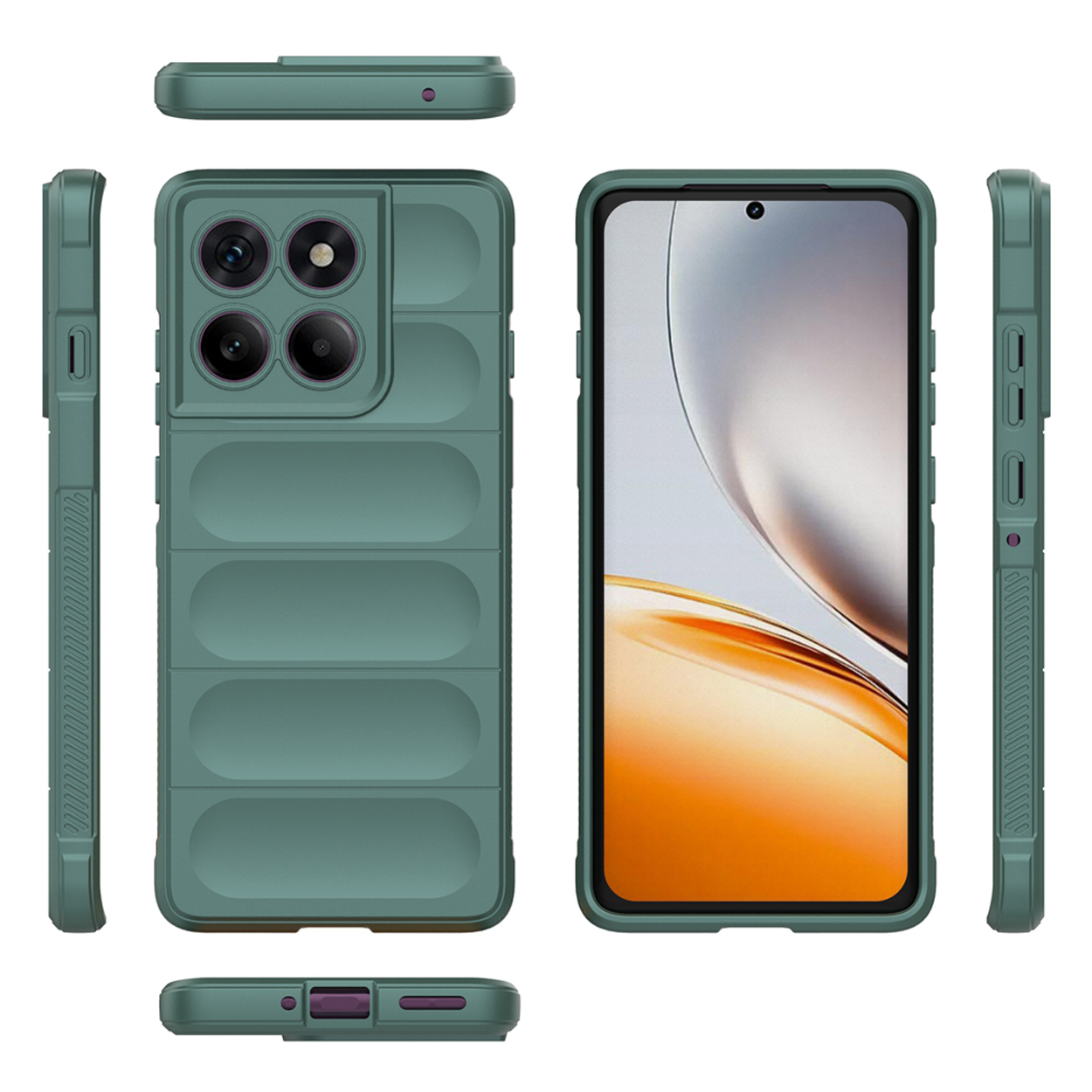 Plusieurs vues d'une coque de téléphone verte. Vues latérales, supérieure et frontale affichées.