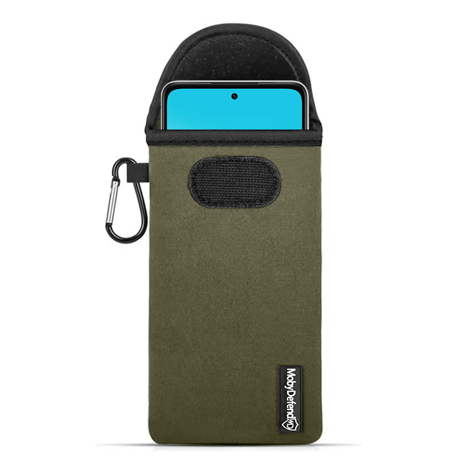 Une housse de téléphone vert foncé avec téléphone, mousqueton noir et logo MobyDefend.
