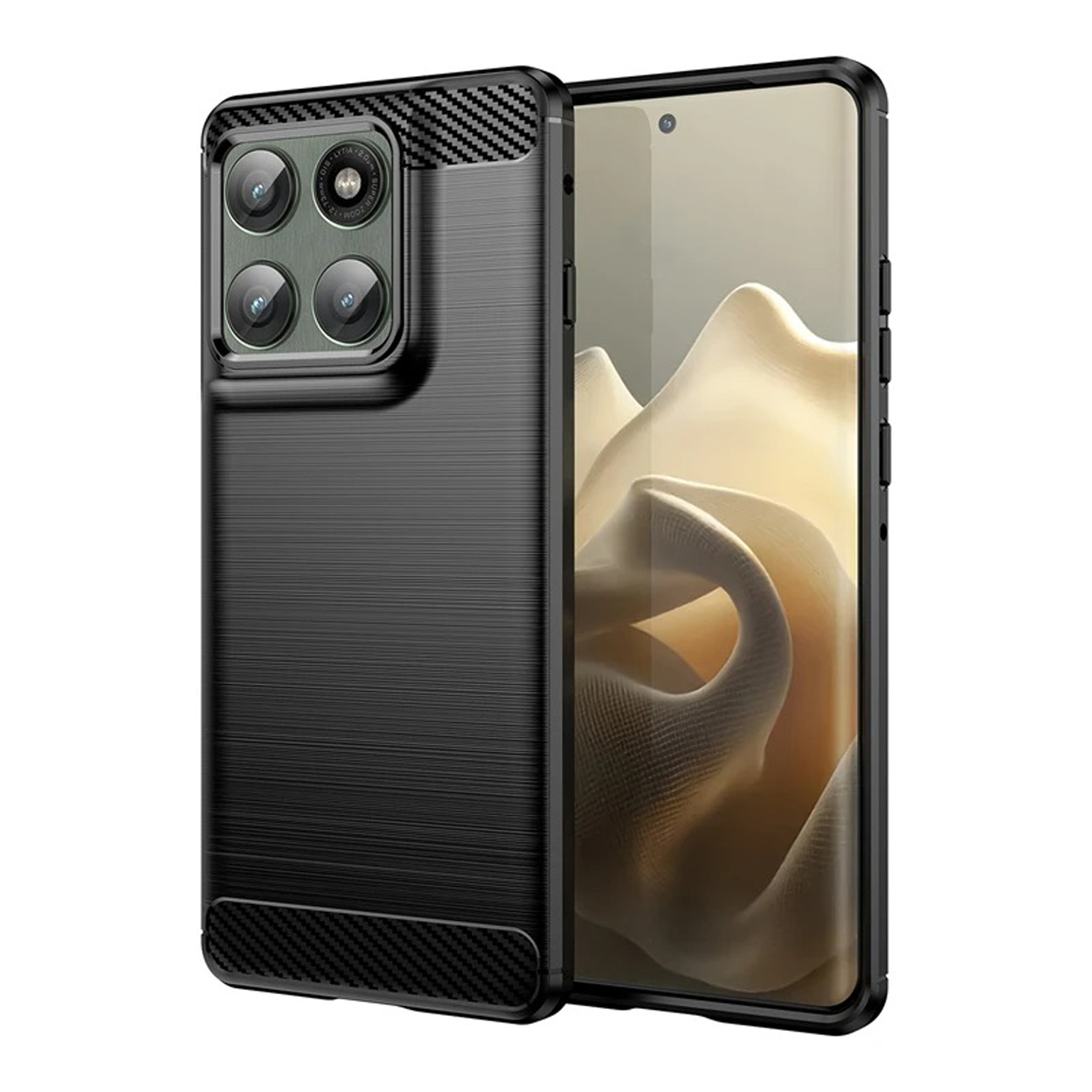 Une coque noire avec dos texturé et module caméra, à côté d'un téléphone avec écran.