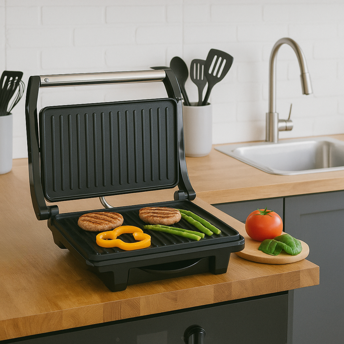 A black panini press with grilled food, including vegetables, on a wooden countertop.