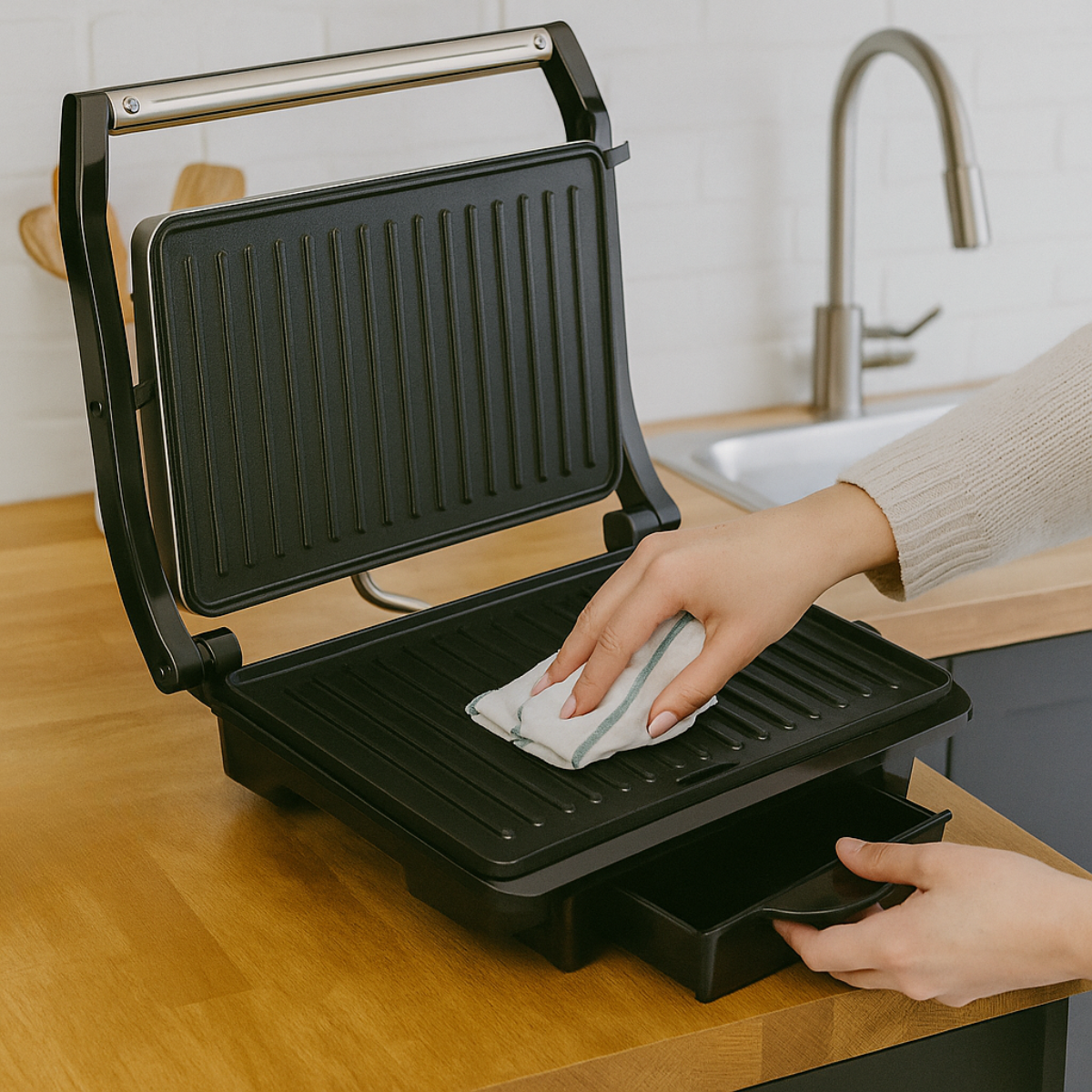 A person cleaning a black panini press on a wooden surface with a white cloth.