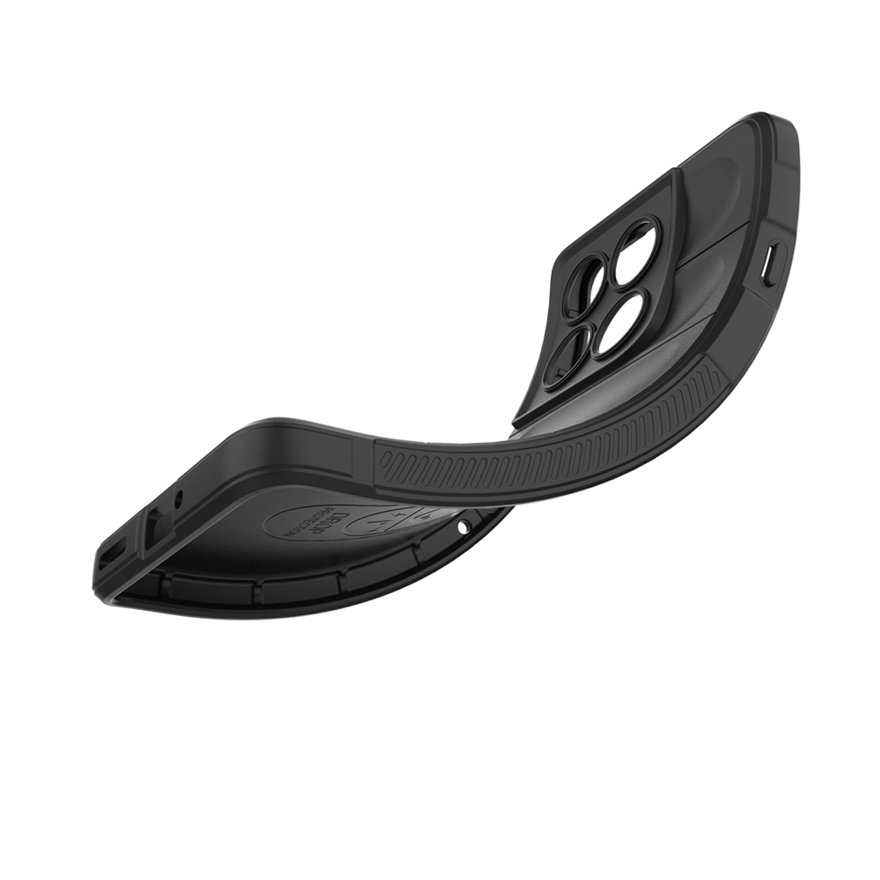 Une coque de téléphone noire, flexible, avec des découpes pour l'appareil photo et un design incurvé, sur une surface blanche.