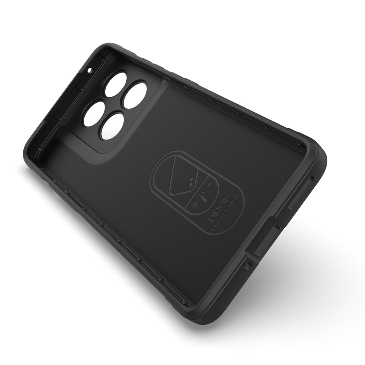 L'intérieur d'une coque de téléphone noire, avec des découpes pour les caméras et le logo de la marque sur fond blanc.