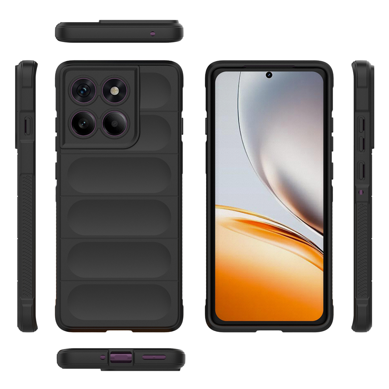 Une coque de téléphone noire, montrant le téléphone à l'intérieur sous plusieurs angles, avec un design élégant.