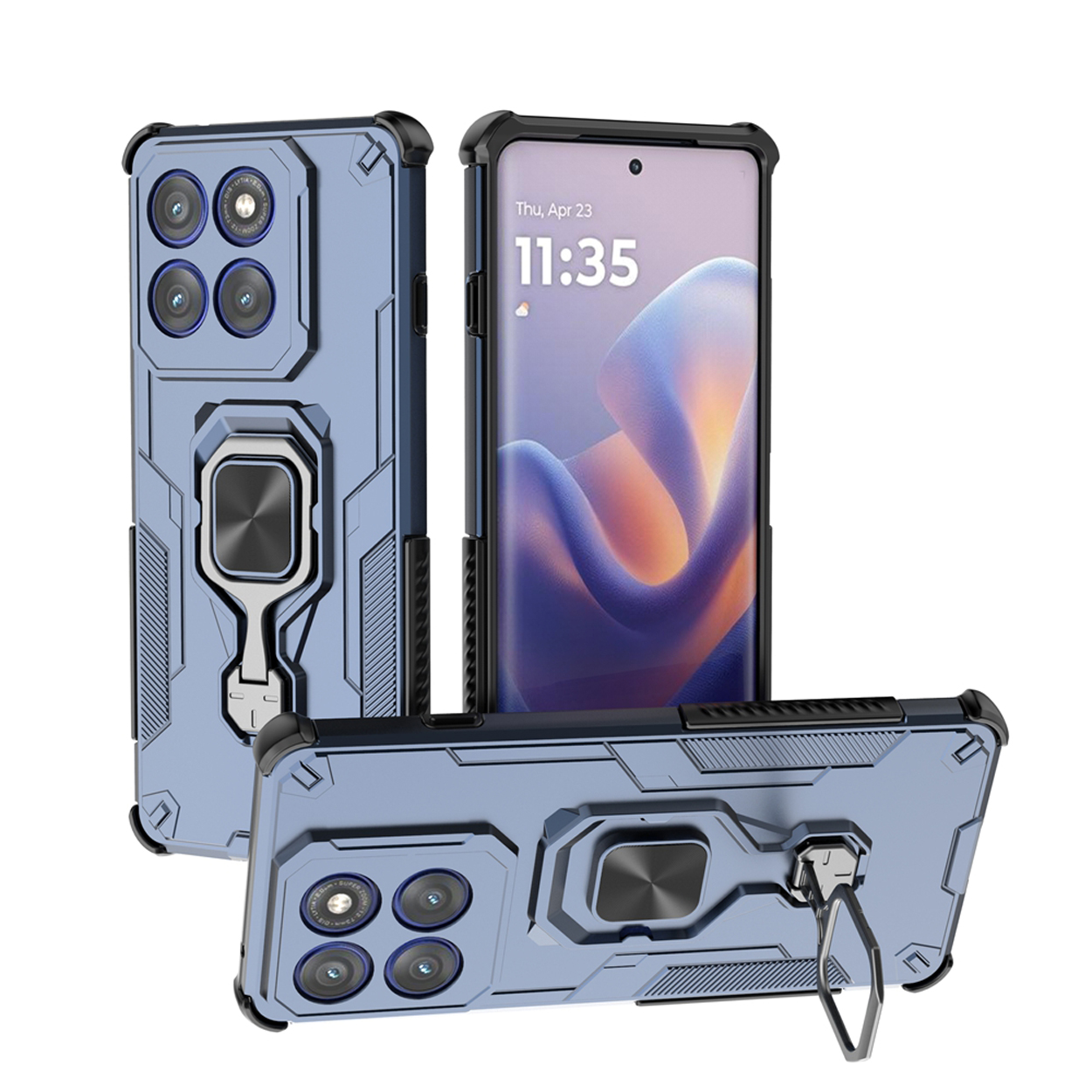 Drie blauwe telefoonhoesjes met een telefoon erin, allemaal met een standaard en een ringhouder.