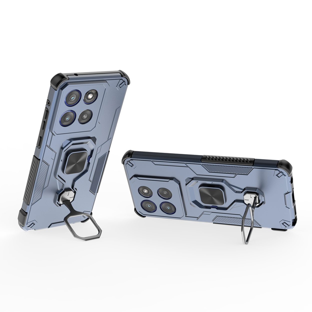 Twee blauwe telefoonhoesjes met cameramodules en ringstandaards, één op de zijkant, één plat.