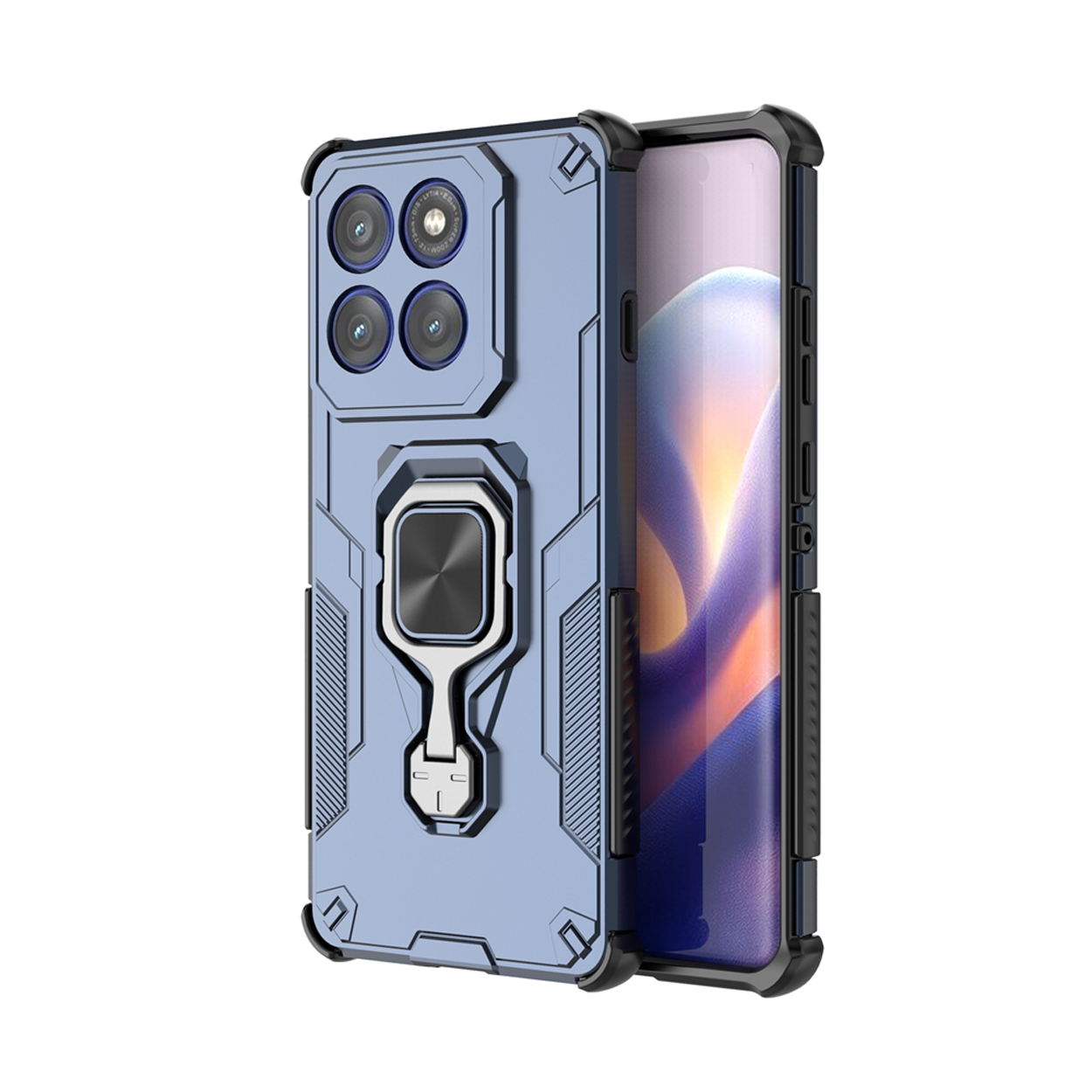 Een blauwe telefoonhoes met cameramodule en ringstandaard, die gedeeltelijk een telefoon bedekt.