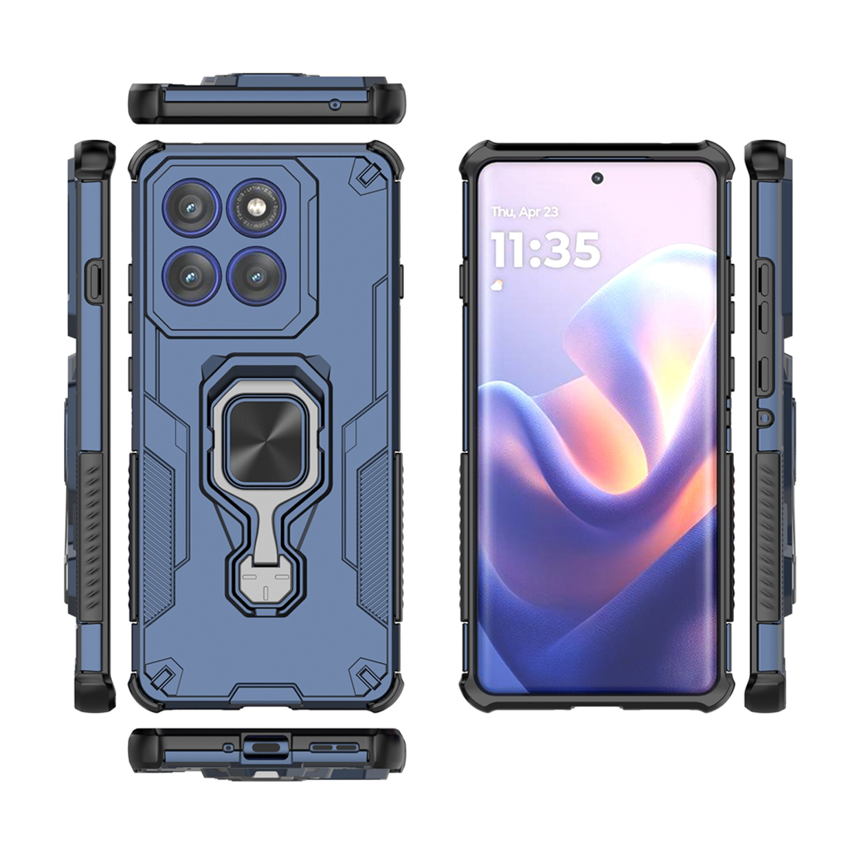 Een blauwe telefoonhoes met een telefoon erin, met meerdere hoeken zichtbaar. Het heeft een ringhouder.