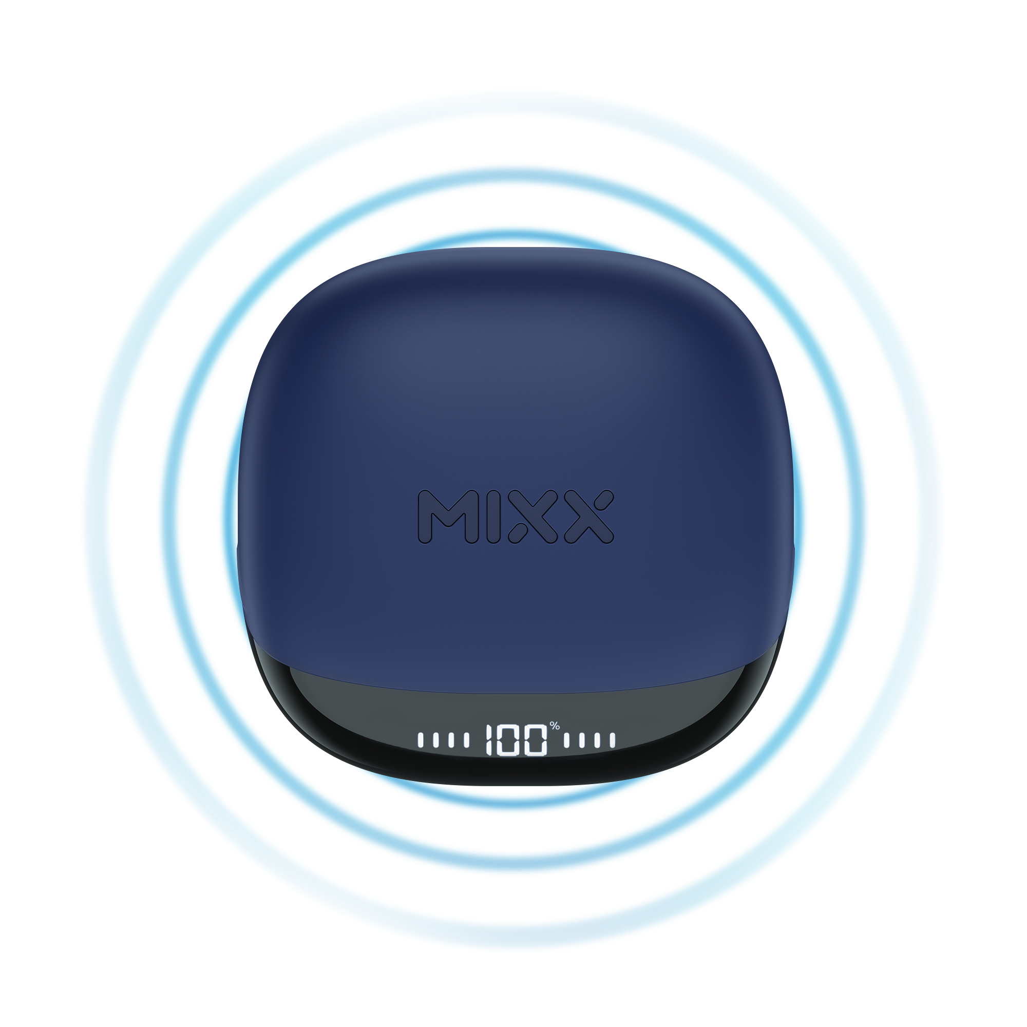 Dunkelblaues Ladecase mit MIXX-Logo. Zeigt 100% Ladung. Blaues, kreisförmiges Funksignal.
