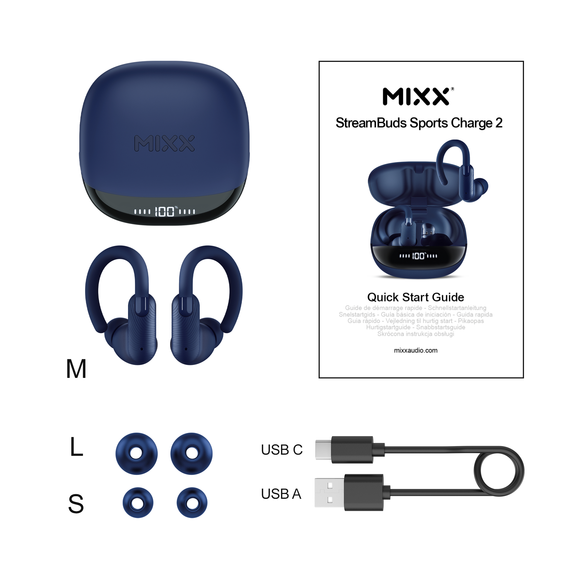 MIXX StreamBuds Sports Charge 2 Set, Ladecase, Ohrhörer, USB-Kabel, Ersatzspitzen und Anleitung.