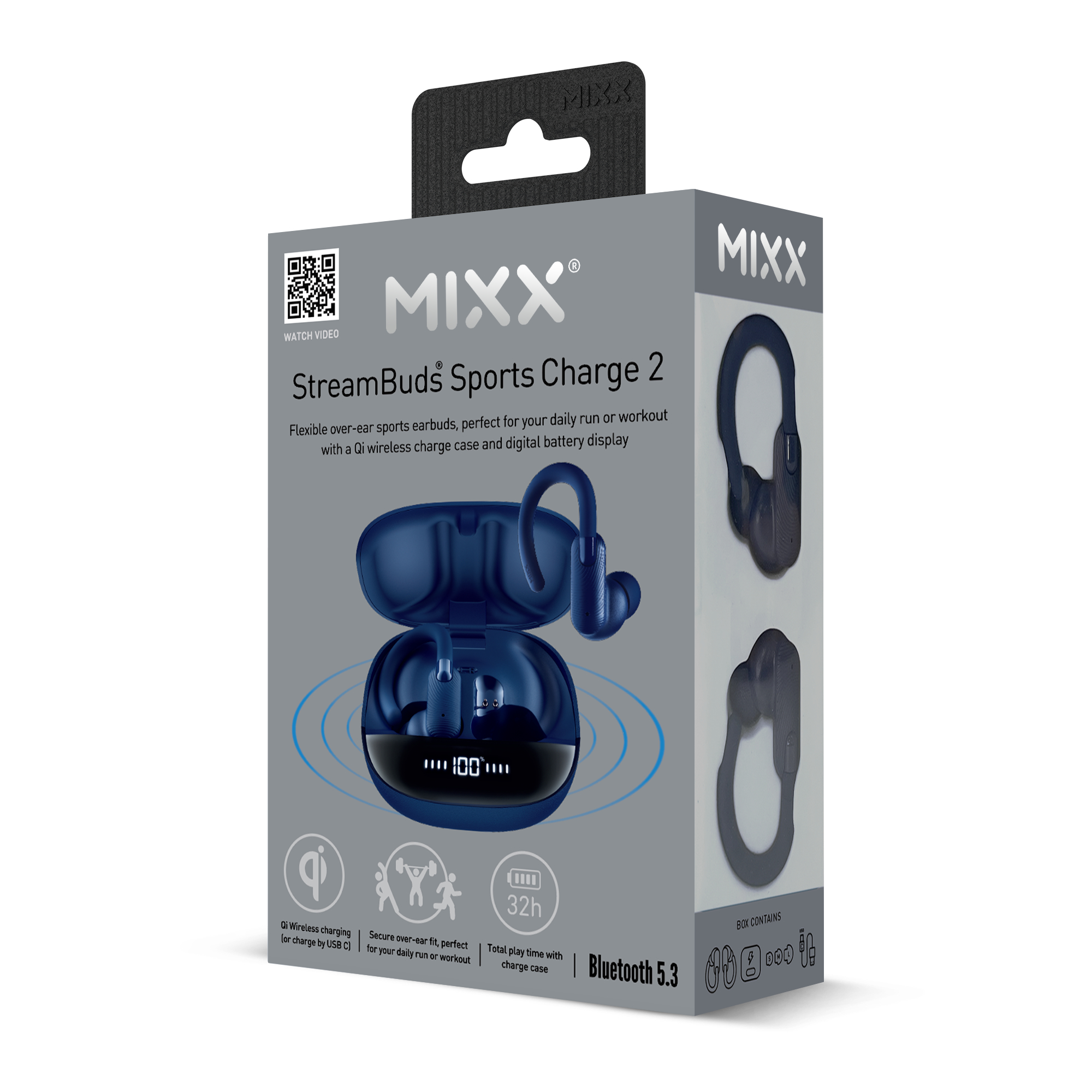 MIXX StreamBuds Sports Charge 2 Box mit Ohrhörerbild und Funktionen wie Qi-Laden und 32h Spielzeit.