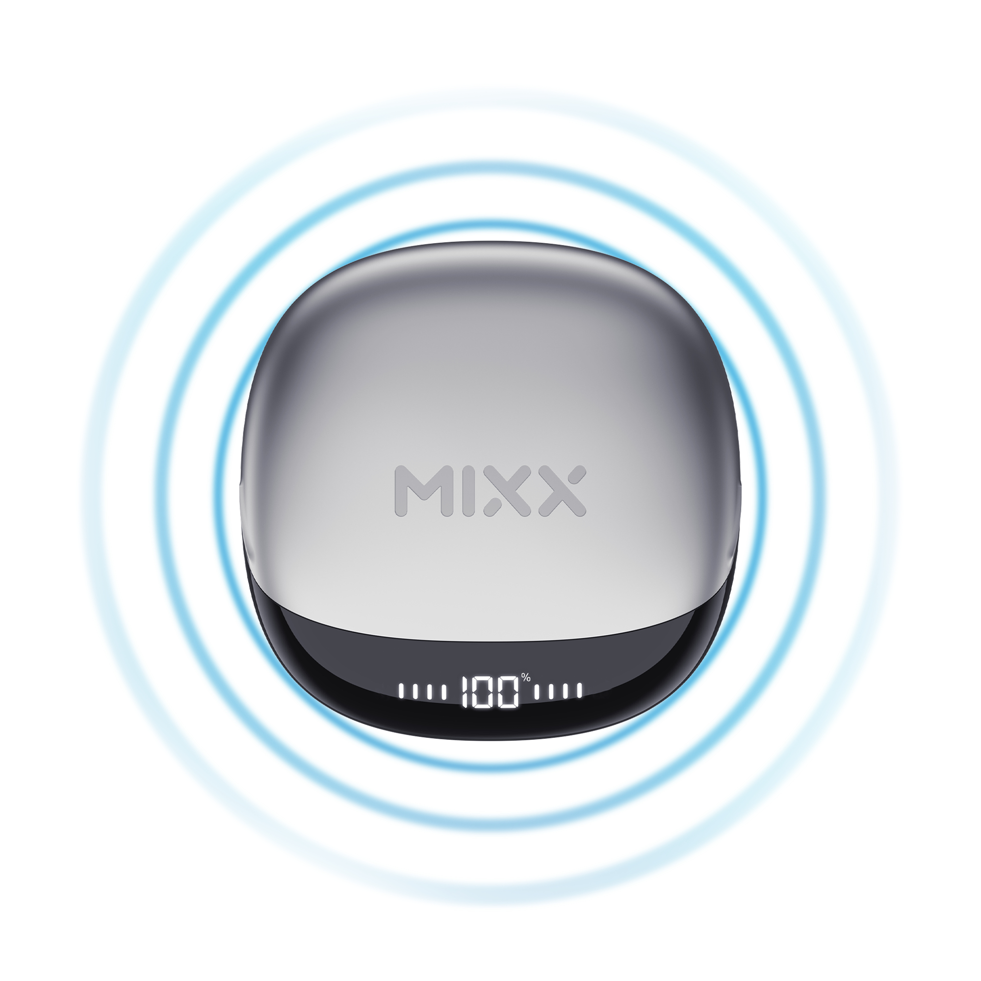Zilveren oplaadcase met MIXX-logo. Toont 100% lading. Omringd door een blauw draadloos signaal.