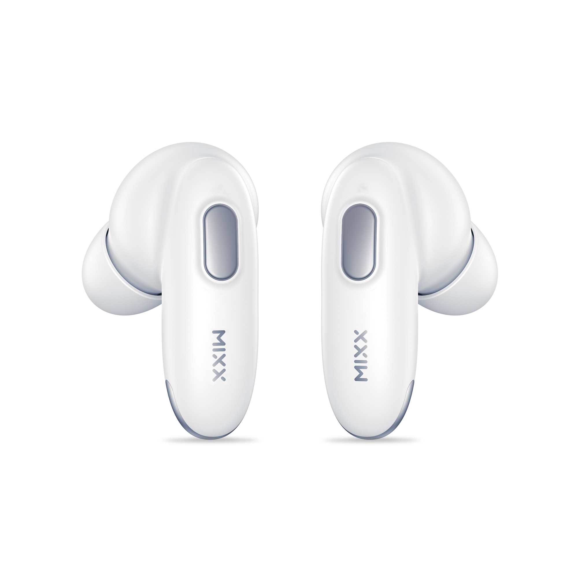 Twee witte MIXX oortelefoons, elk met een zilverkleurig gedeelte. Ze staan op een witte achtergrond.