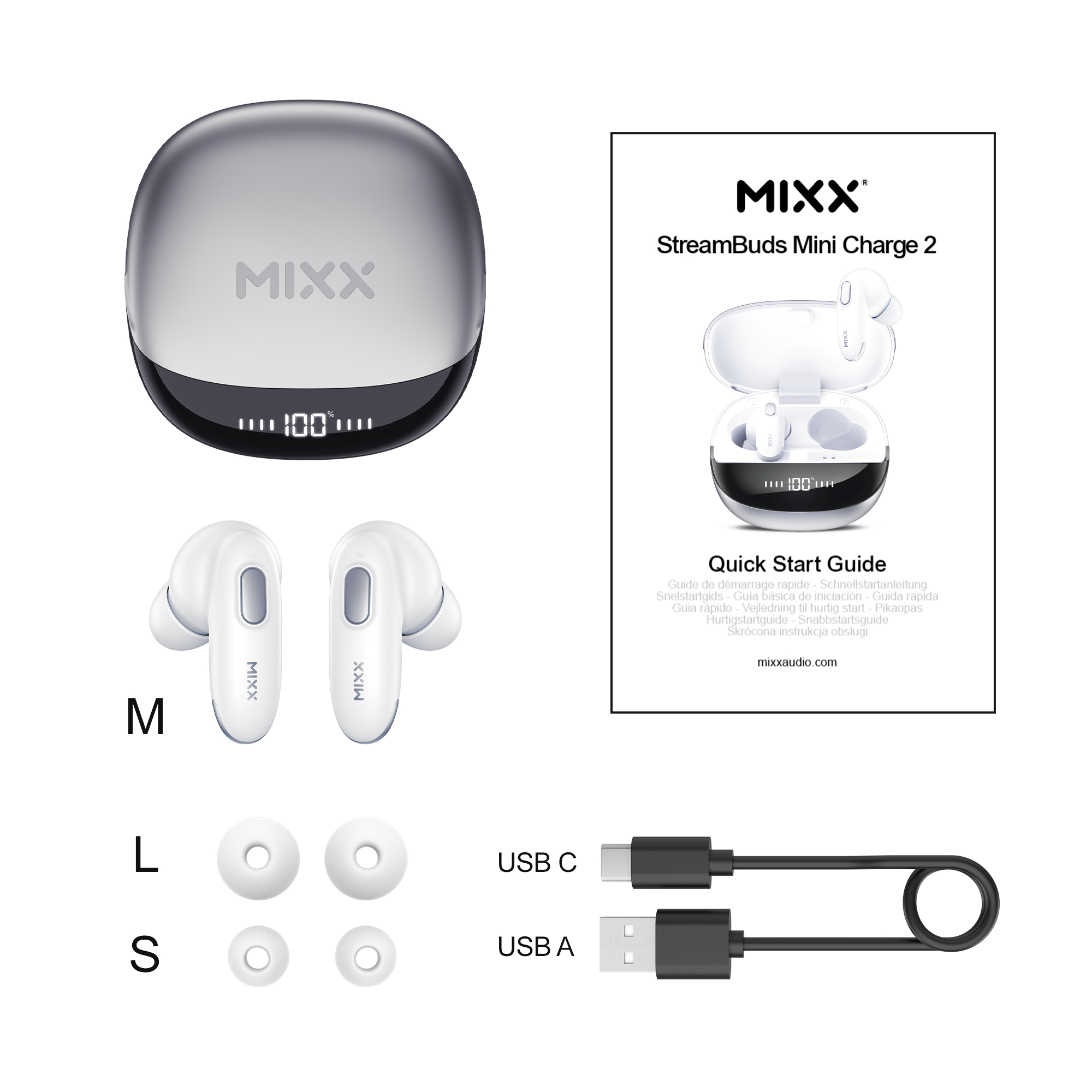 MIXX StreamBuds Mini Charge 2 set, oplaadcase, oortelefoons en accessoires zoals USB-kabels en extra tips.