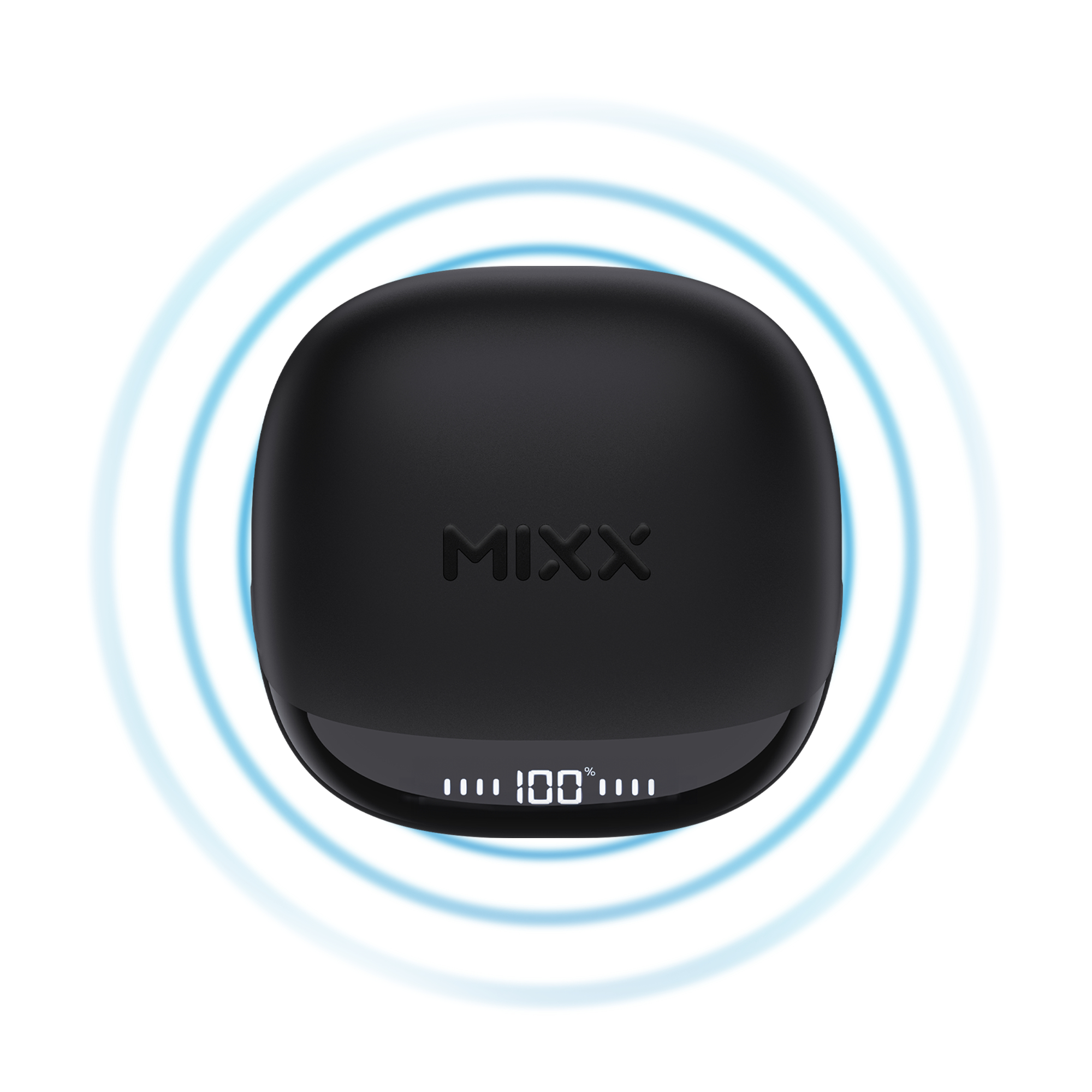 Zwarte oplaadcase met MIXX-logo. Toont 100% lading. Omringd door een blauw, cirkelvormig draadloos signaal.