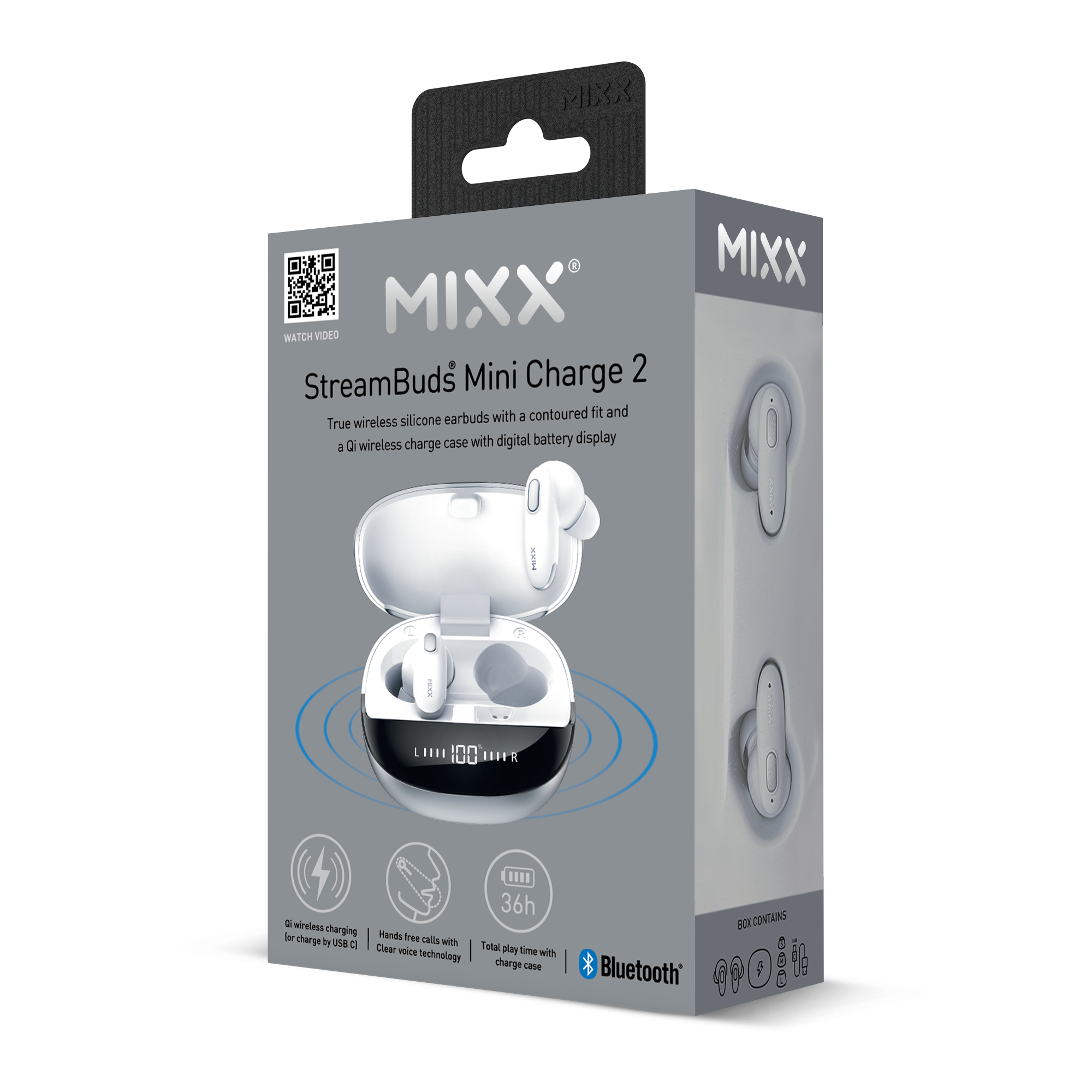 MIXX StreamBuds Mini Charge 2 doos met oortjes afbeelding, case en functies zoals draadloos opladen en 36 uur afspelen.
