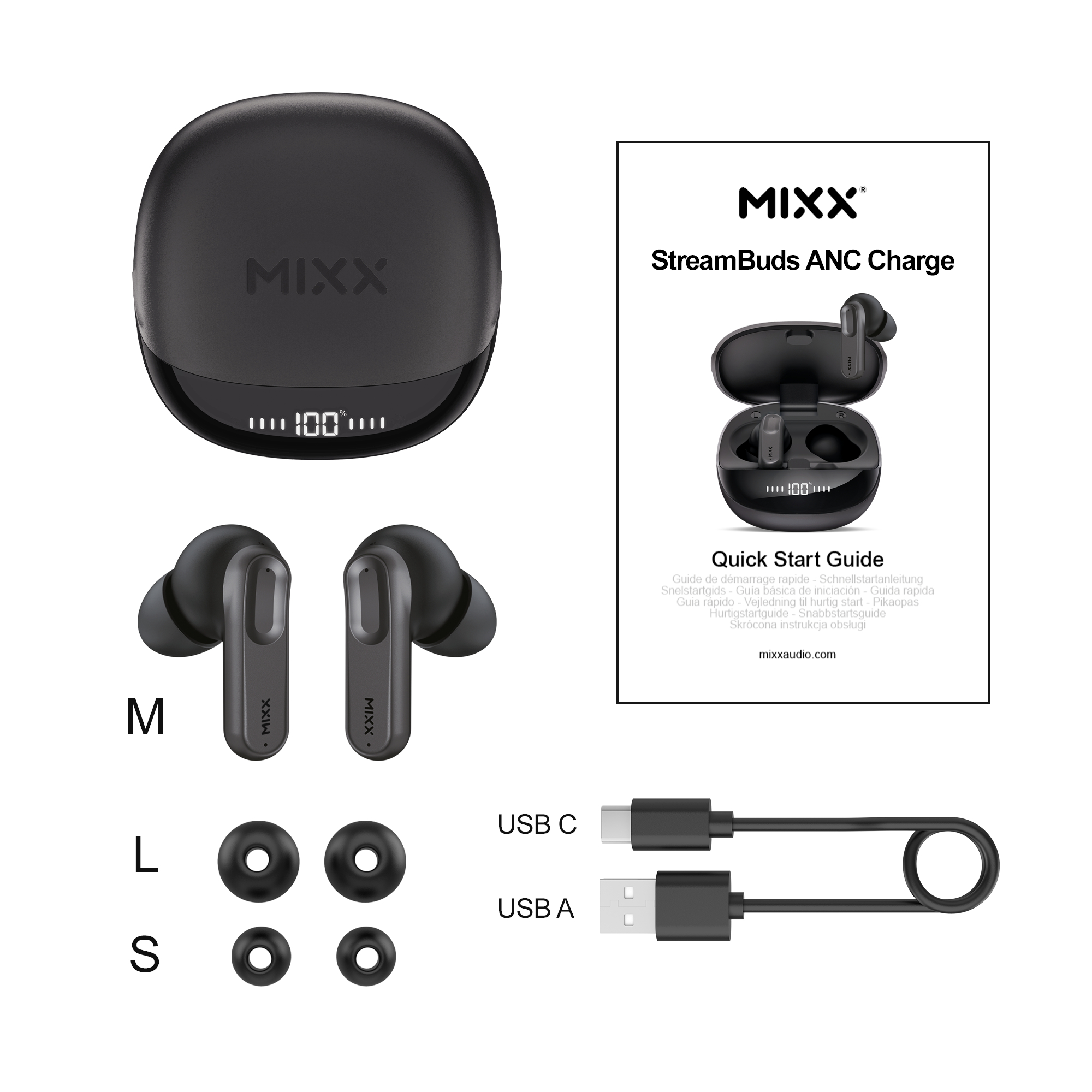 Zwarte oortjes, case en accessoires, met een snelstartgids en USB-kabels.