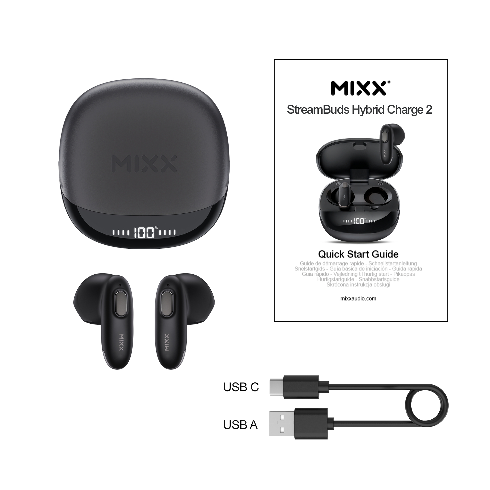 Eine MIXX StreamBuds Hybrid Charge 2 Box, Ohrhörer, ein Etui und Kabel auf Weiß.