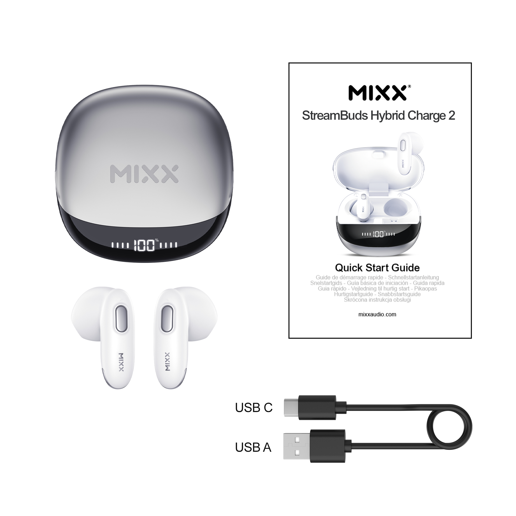 Eine MIXX StreamBuds Hybrid Charge 2 Box, Ohrhörer, ein Etui und Kabel auf Weiß.