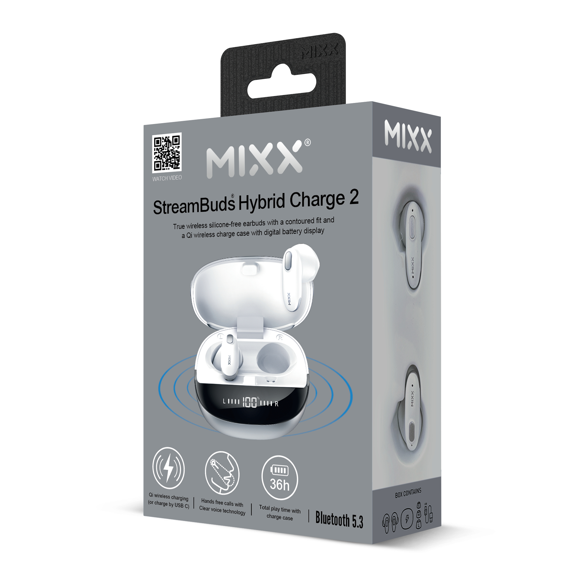 Eine MIXX StreamBuds Hybrid Charge 2 Box mit Ohrhörern und Ladecase.