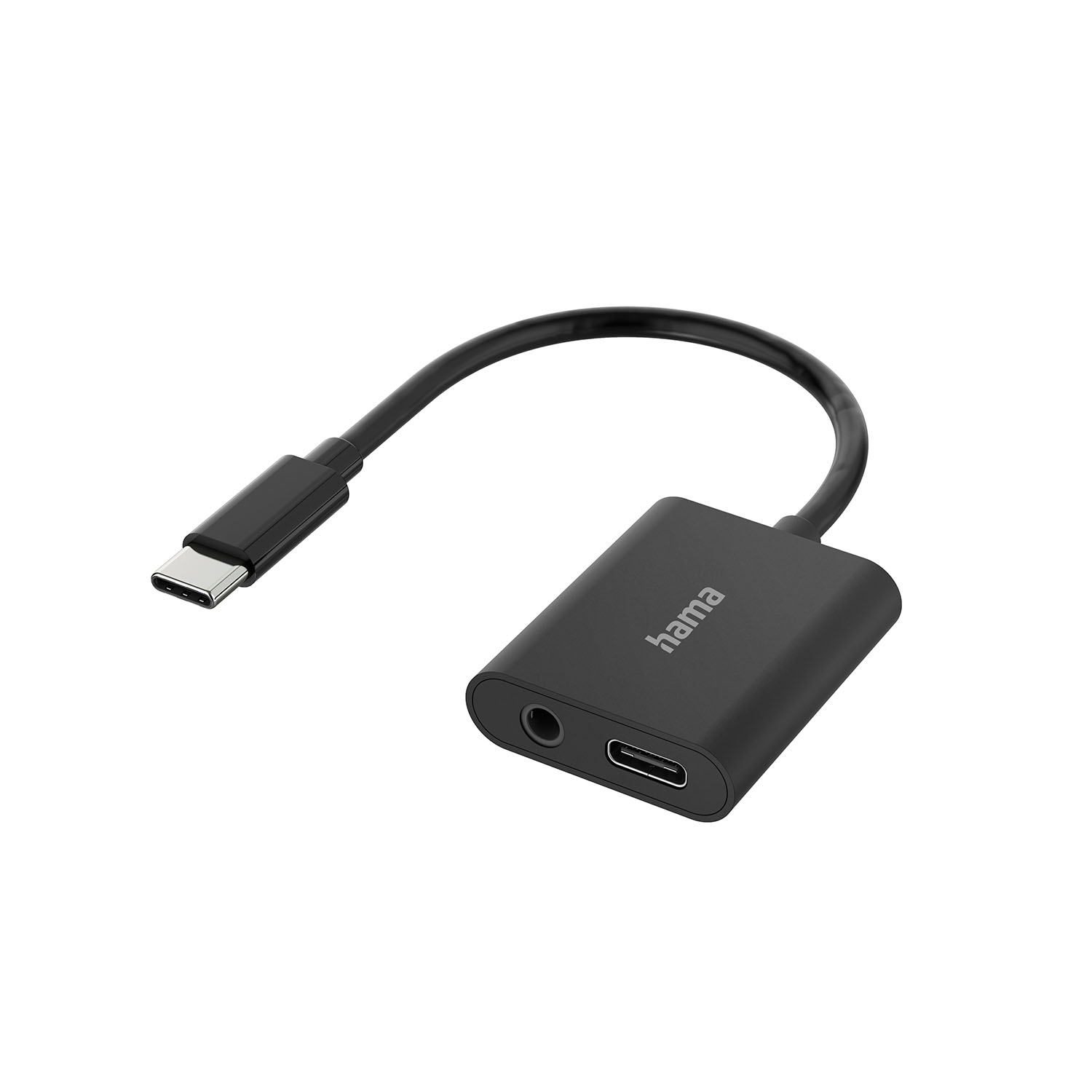 Zwarte Hama-adapter met een USB-C- en een 3,5 mm-jackpoort. Een USB-C-kabel is aangesloten.