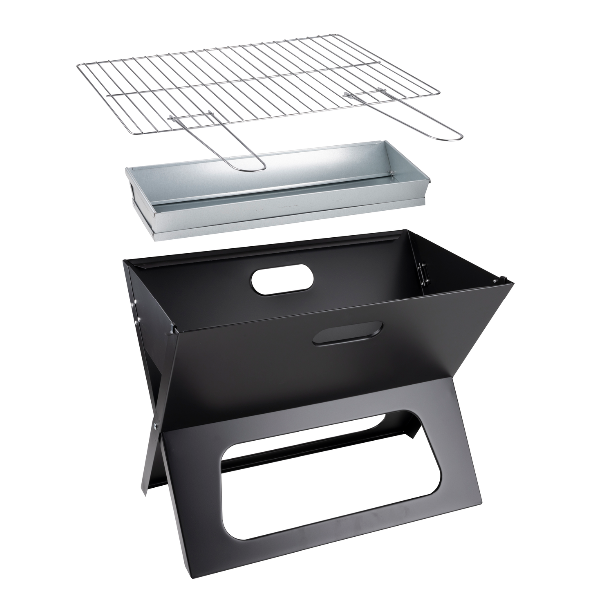 Un grill en métal noir démonté, montrant la grille, le porte-charbon et le cadre plié.