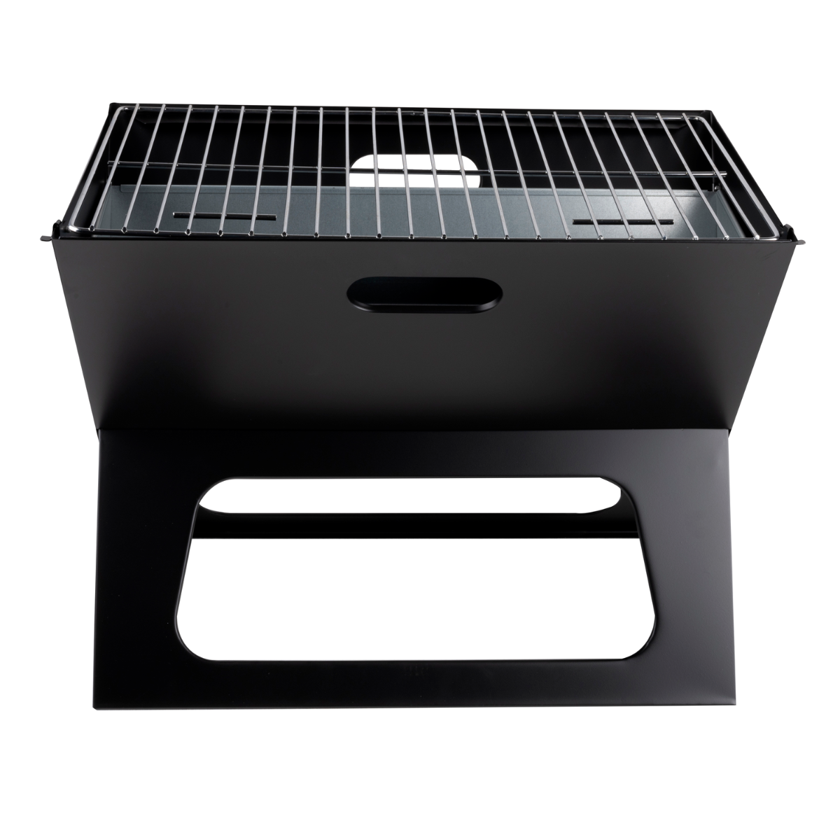 Un grill en métal noir de face. Le grill est ouvert, montrant la grille et l'intérieur.