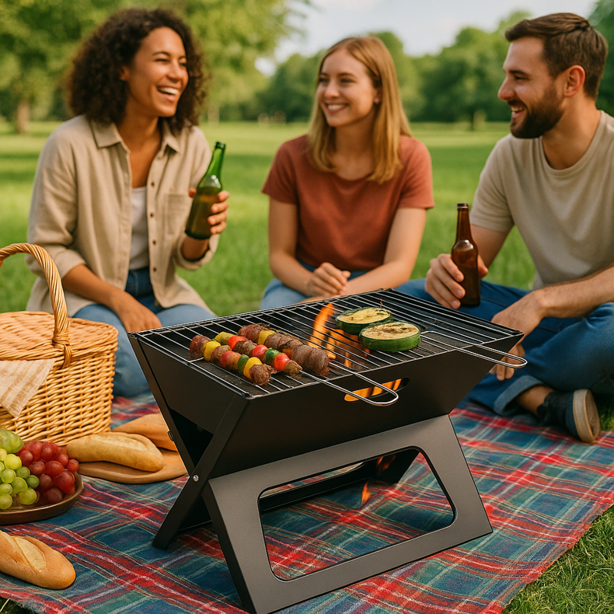 Trois personnes lors d'un pique-nique, grillant de la nourriture sur un grill noir. Nourriture, boissons et panier de pique-nique présents.