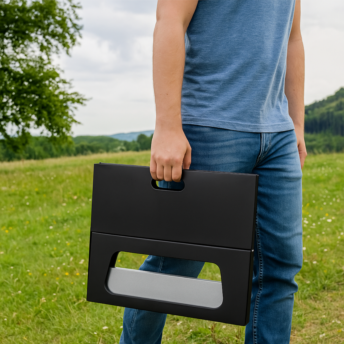 Une personne porte un grill en métal noir plié. Elle se tient dans un espace extérieur herbeux.