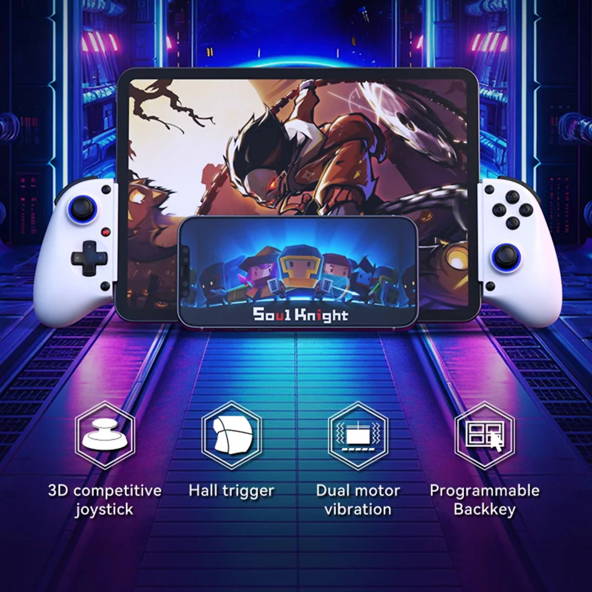 Mando de juegos con tableta y teléfono mostrando juegos. Incluye joystick, gatillo y funciones de tecla trasera.