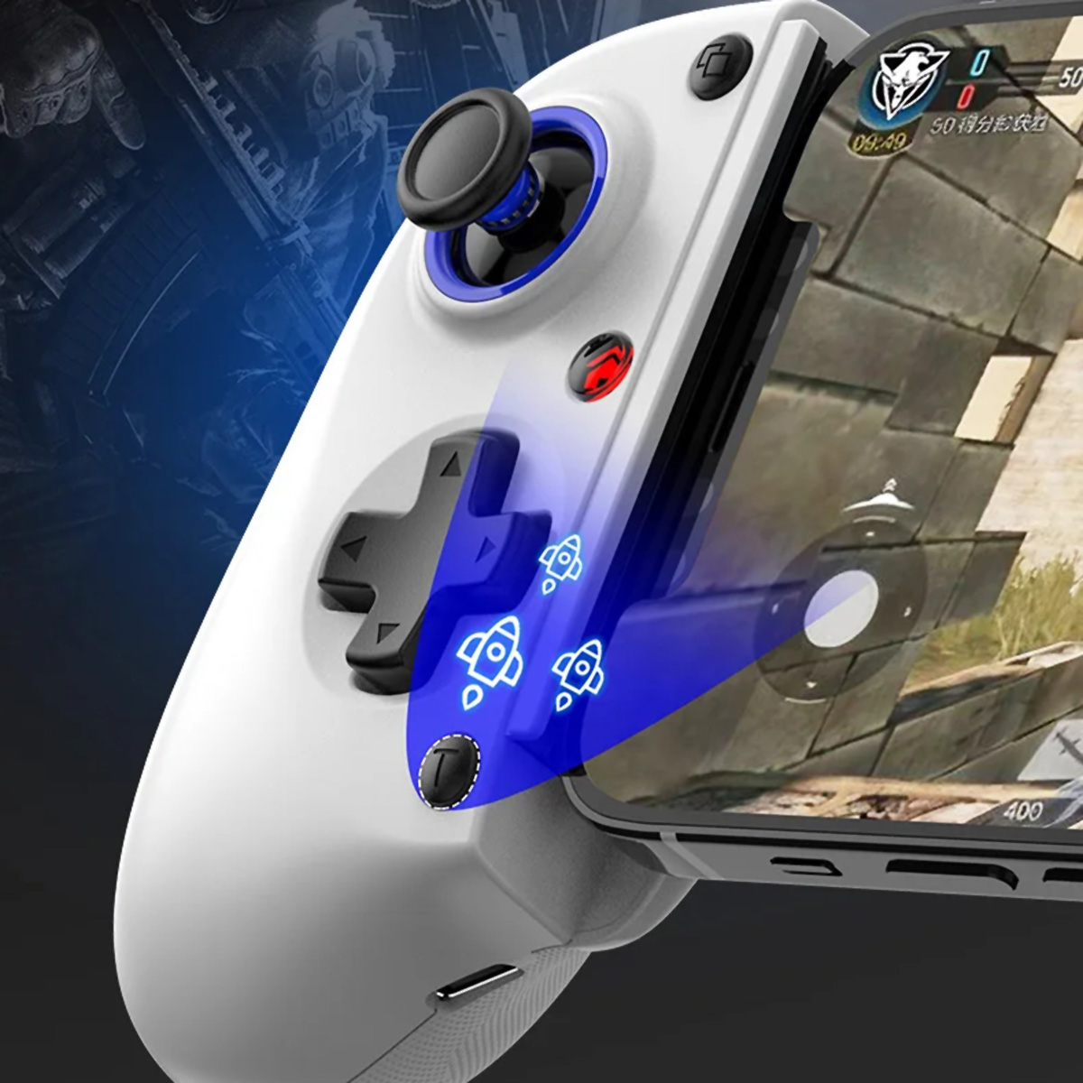 Un mando de juegos blanco y gris con un teléfono adjunto, mostrando una interfaz de juego.
