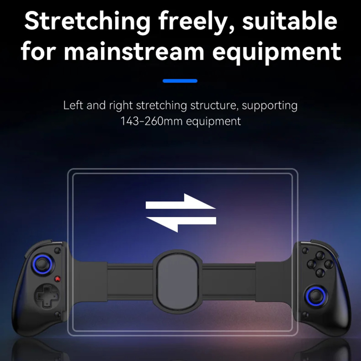 Mando negro con detalles azules, extensible para dispositivos variados. Texto indica compatibilidad.