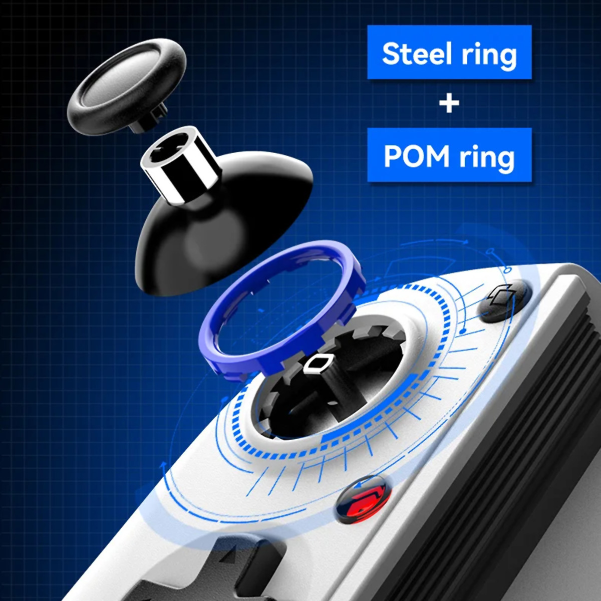 Vista explosionada del ensamblaje del joystick de un mando, mostrando anillos de acero y POM para mejor control.