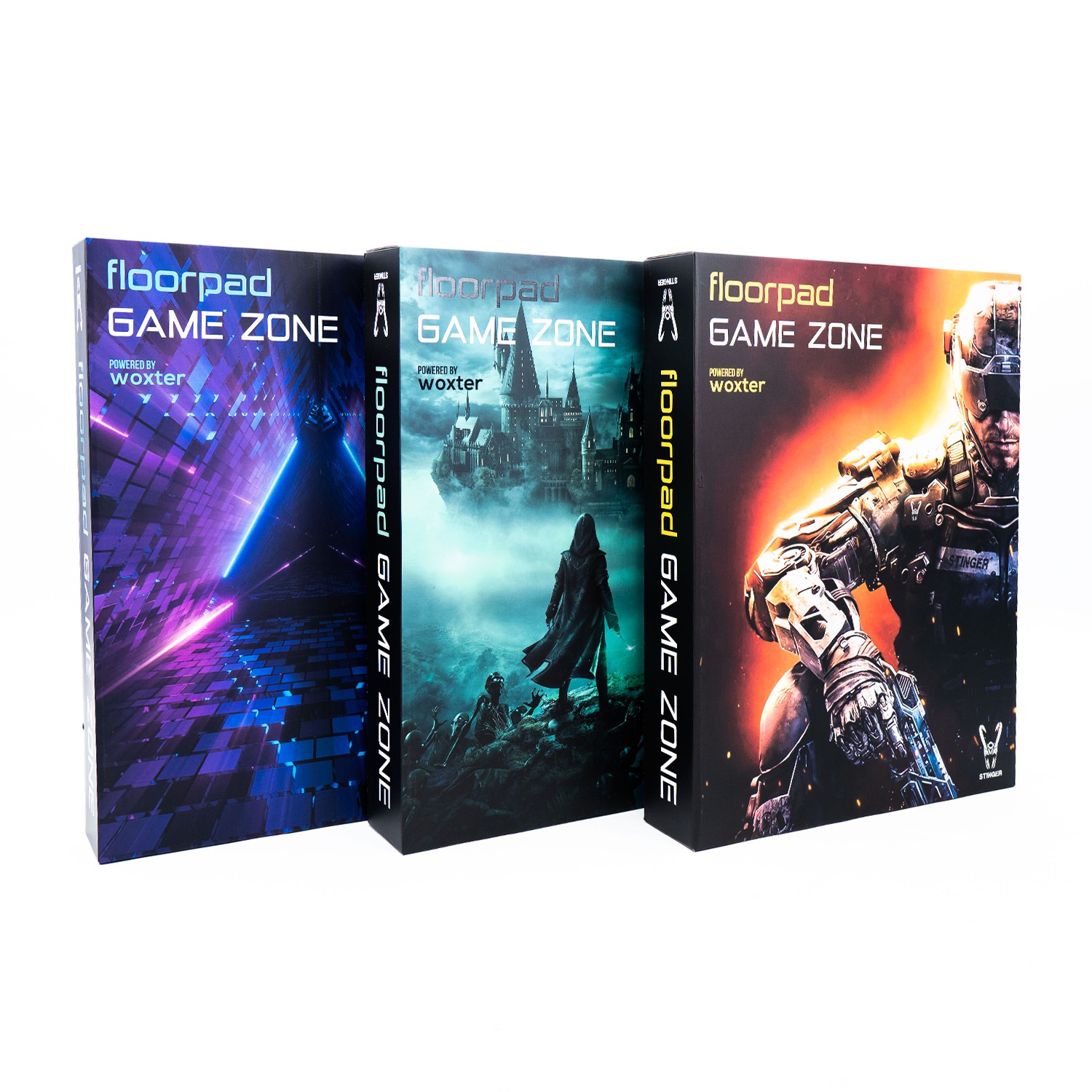 Tres cajas con ilustraciones de un juego: una ciudad futurista, una escena de castillo y un soldado.