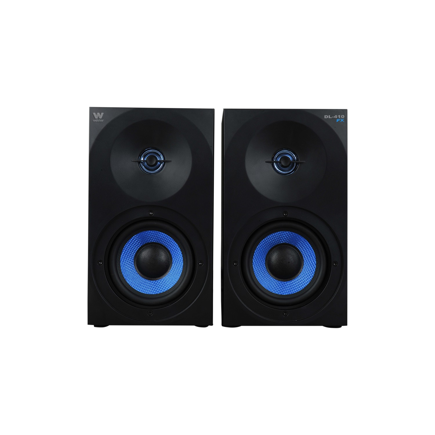 Dos altavoces negros con conos de altavoz azules sobre fondo blanco.