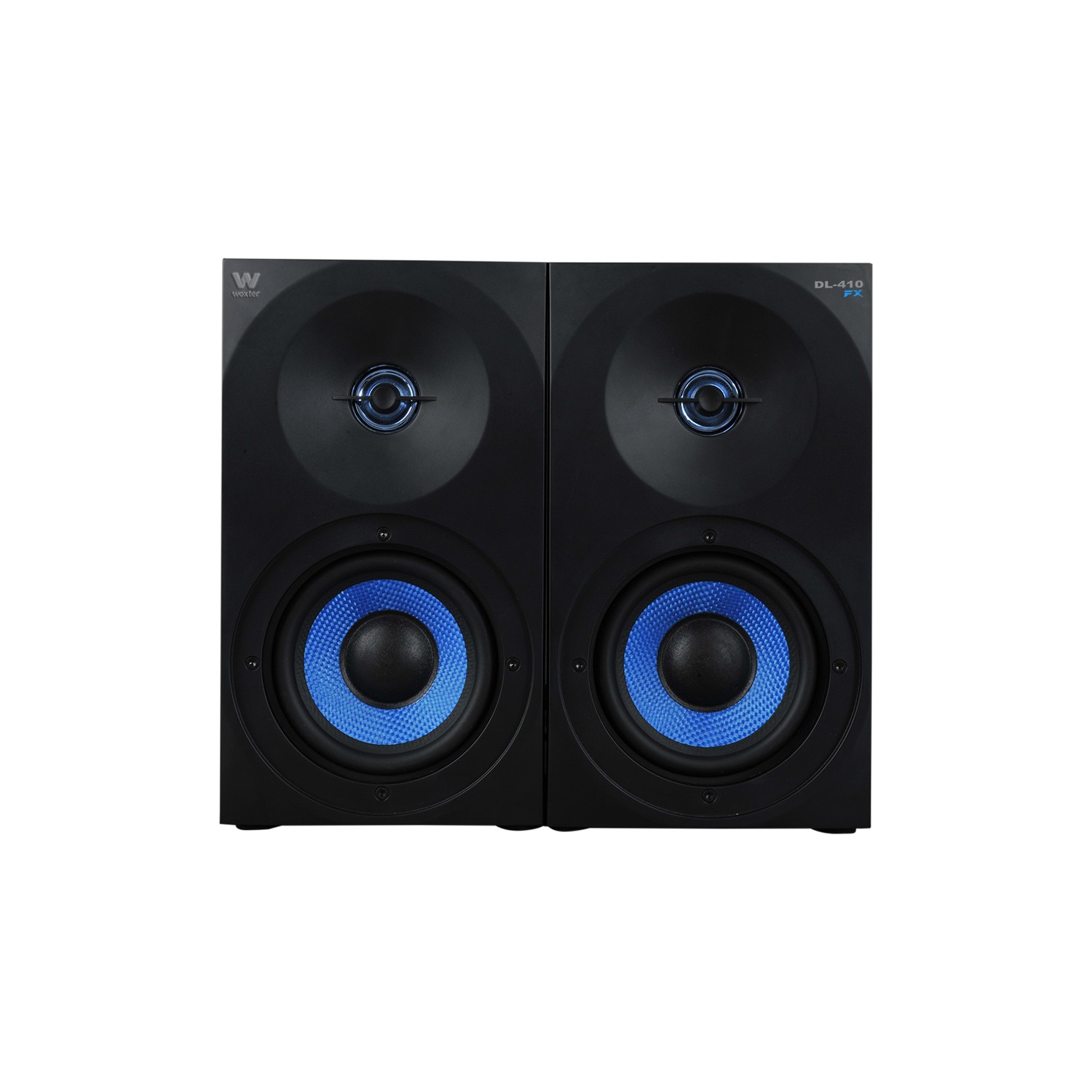 Dos altavoces negros con conos de altavoz azules. Los altavoces están etiquetados como DL-410 FX y tienen el logo 'Woxter'.